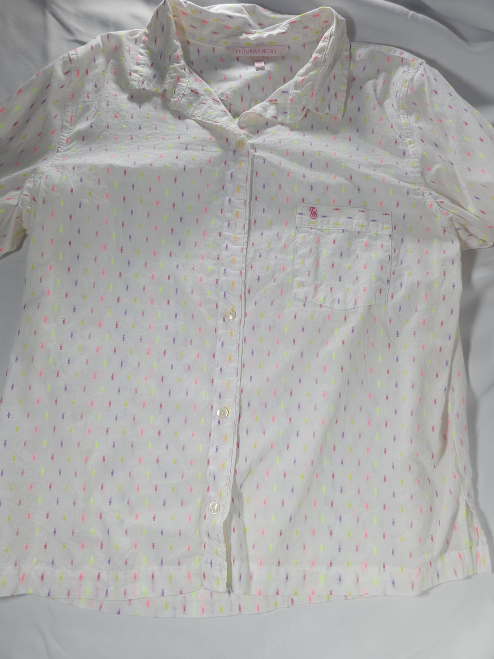 Victoria's Secret White Pajama Set with Neon Pink and Neon Yellow Dot Accents - Picture 5 of 7